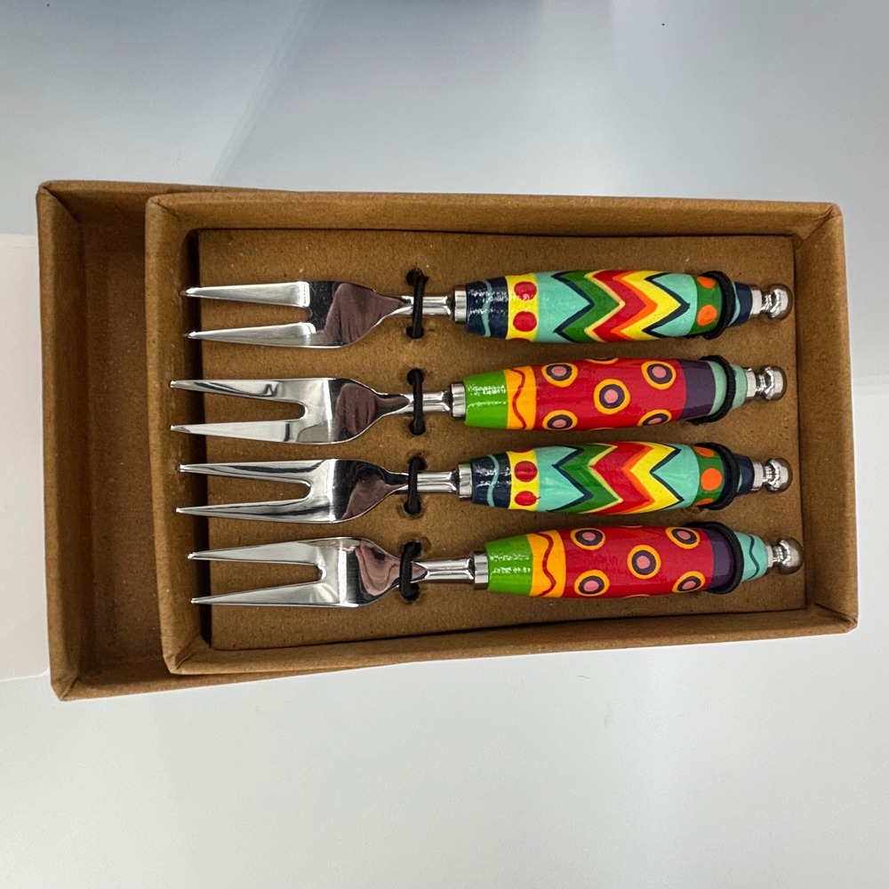 Bombay Store Handpainted Fruit Picker 4Pc Set Desert Appetizer Fork Geometric